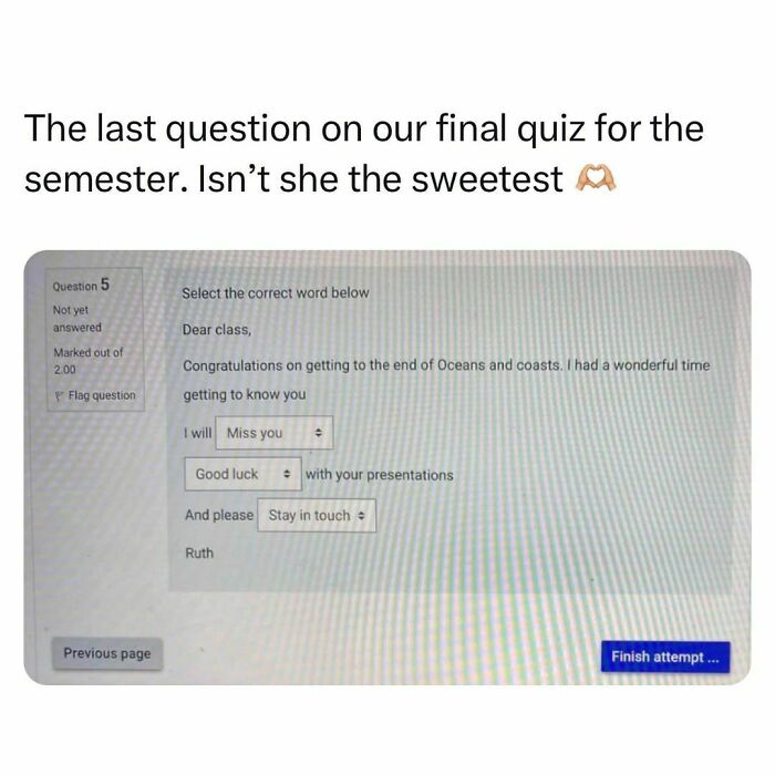 Screenshot of a final quiz question showing a heartfelt message from a student in an online exam for students and young adults.