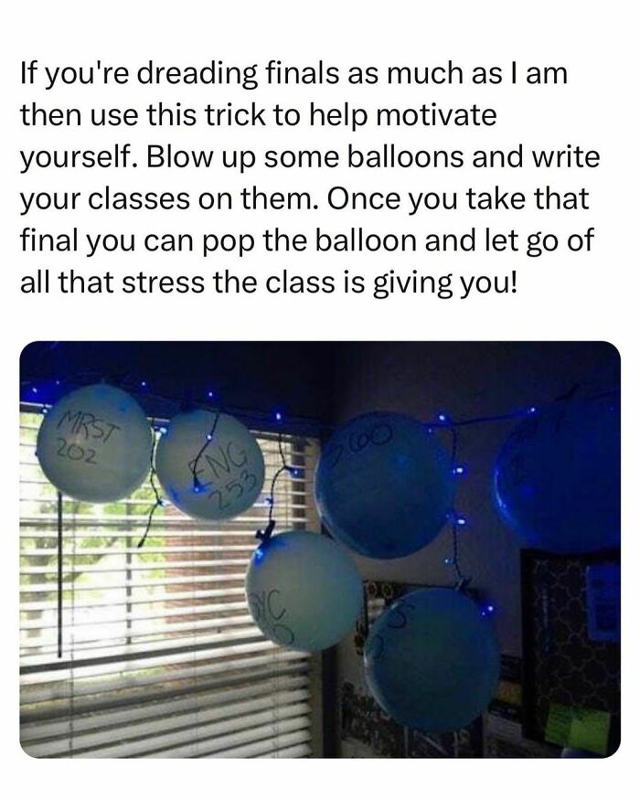 Motivational study tip for students and young adults with balloons labeled as classes to relieve finals stress.