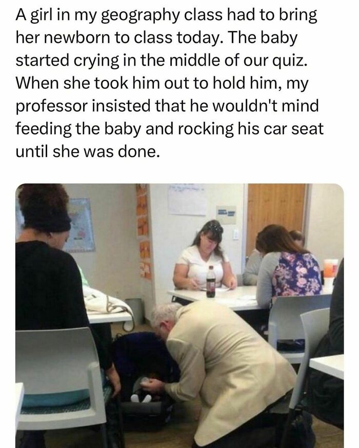 Students and young adults managing class and parenting, with a professor helping to care for a baby during a quiz.