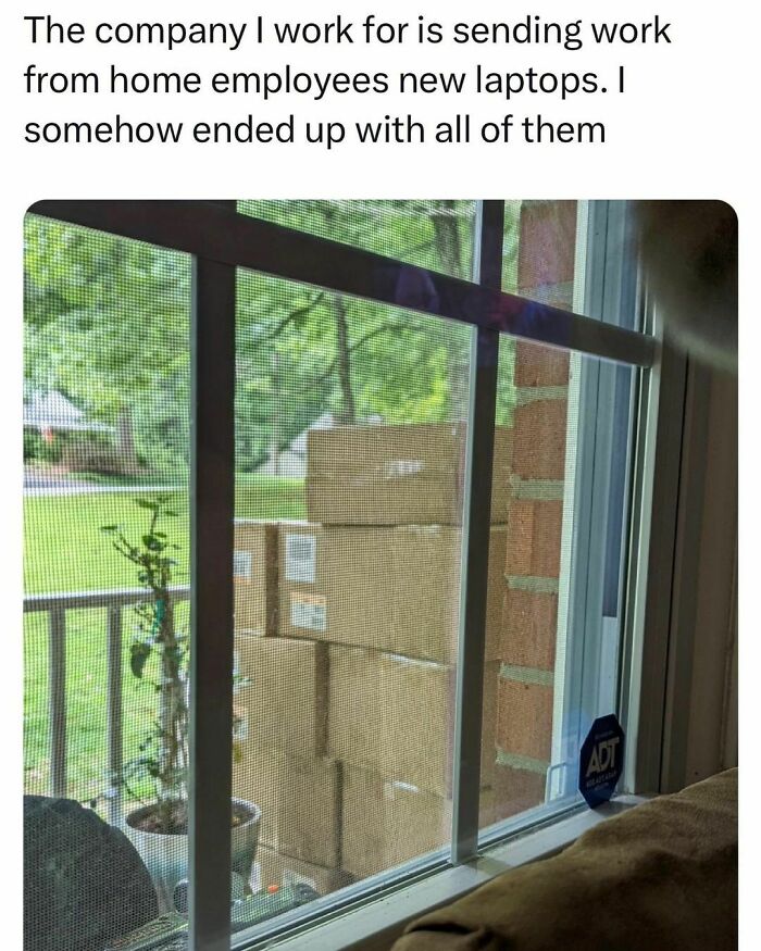 Stack of cardboard boxes outside window showing new laptops for work from home employees, reflecting students and young adults life.