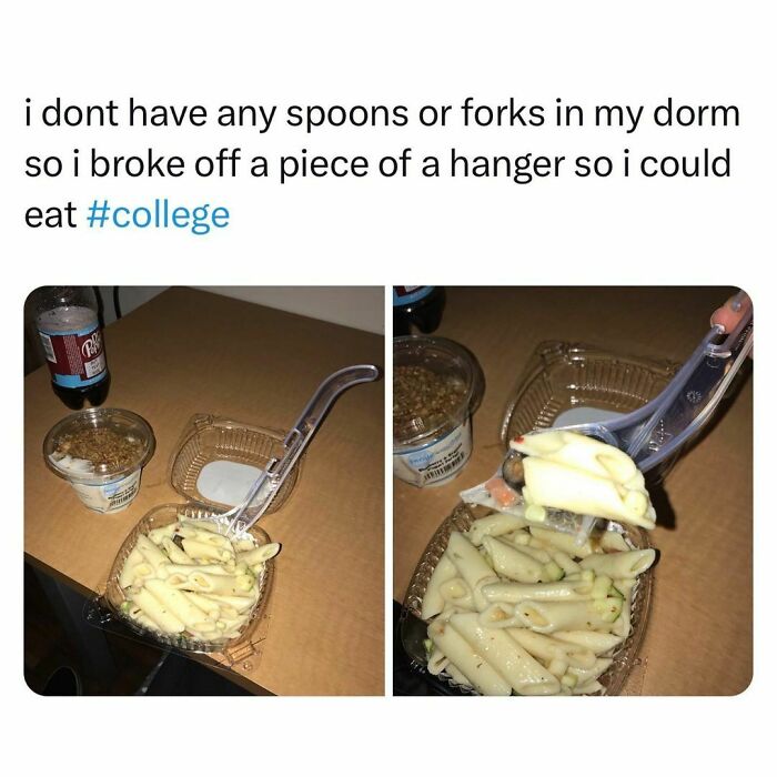 Student uses broken hanger piece as a fork to eat pasta in dorm, showing college life struggles and creativity.