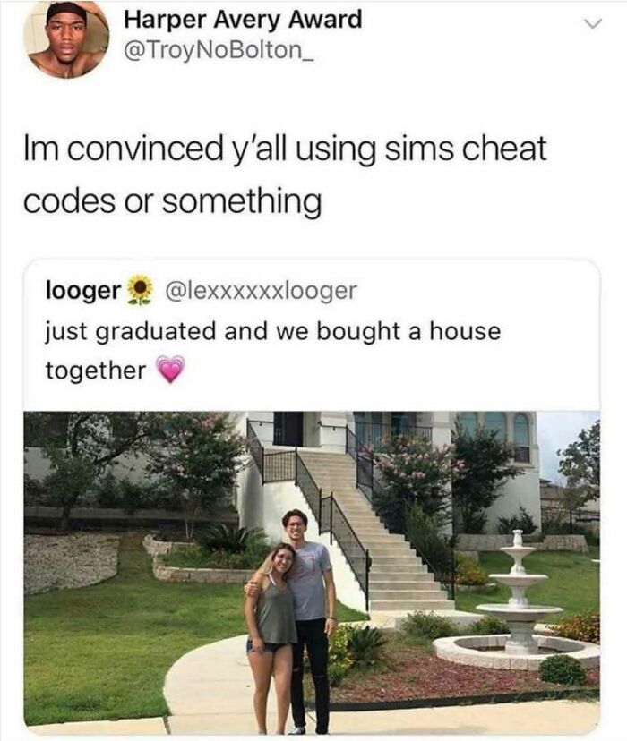 Screenshot of a social media post showing young adults celebrating buying a house after graduation, illustrating student life.