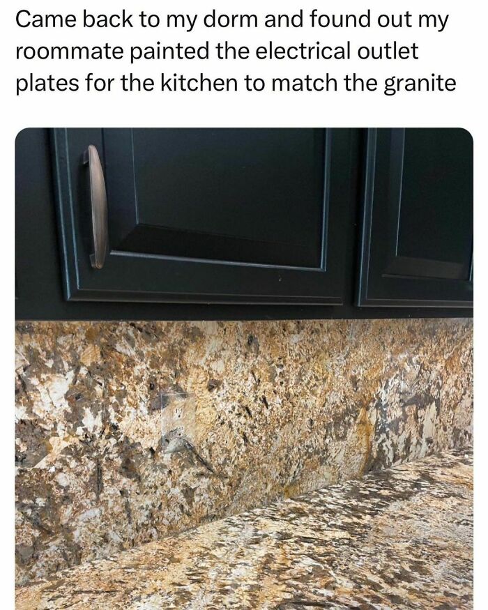 Roommate painted electrical outlet plates in a dorm kitchen to blend perfectly with granite countertop and backsplash.