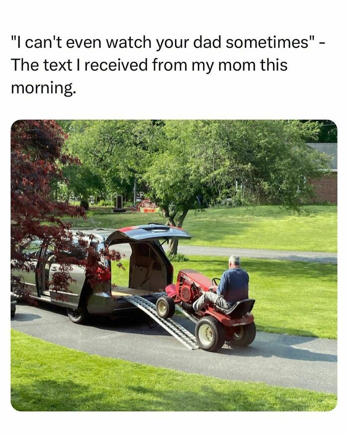 Man driving a lawn mower up a ramp into a vehicle, illustrating students and young adults living the best and worst life.