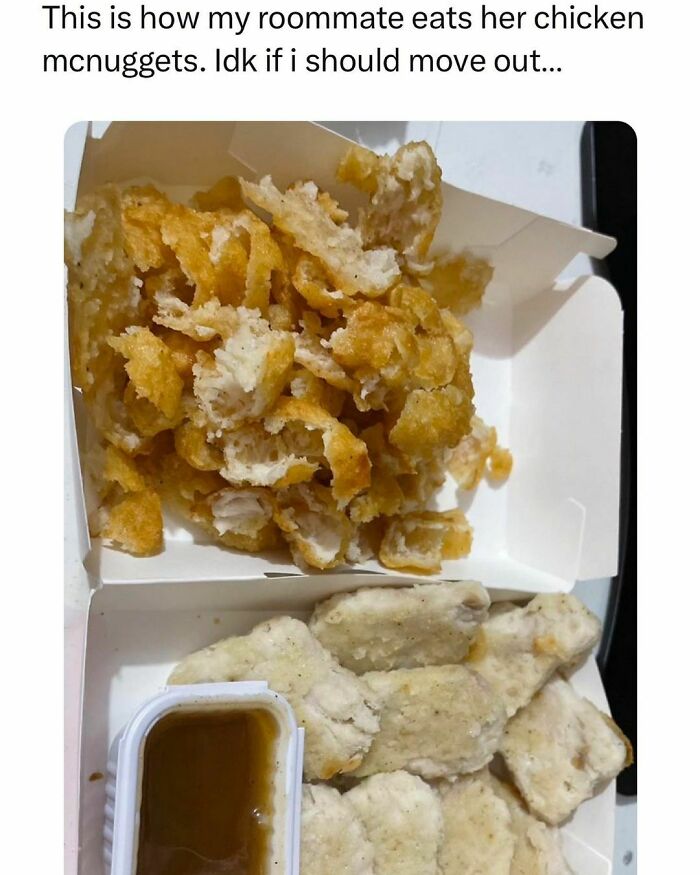 Roommate eating chicken nuggets with only the crispy breading left, illustrating student and young adult life struggles.