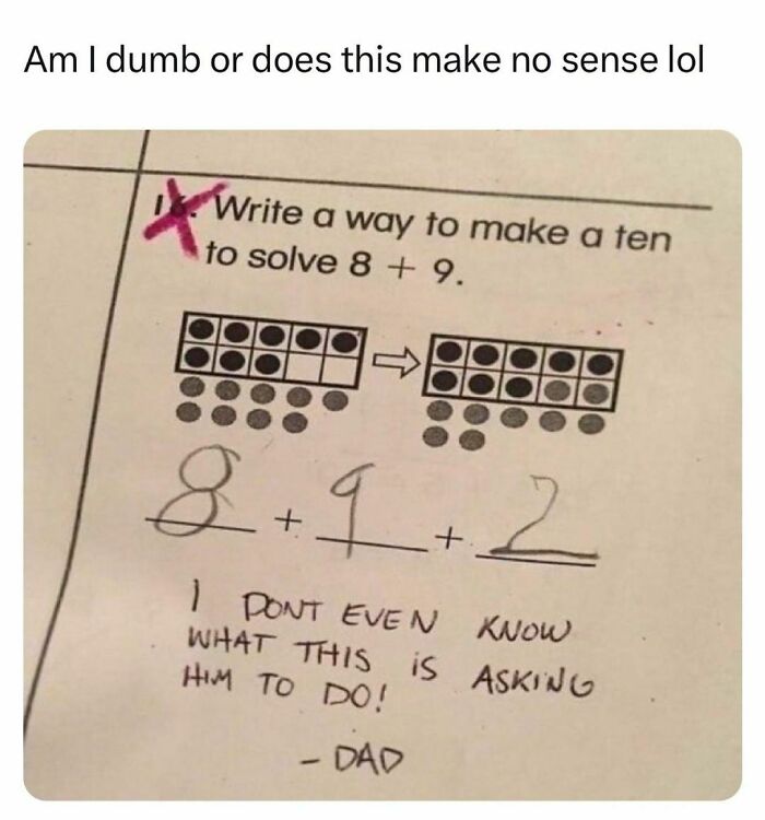 Humorous student math homework on making ten to solve 8 plus 9, showing young adult struggles and learning moments.