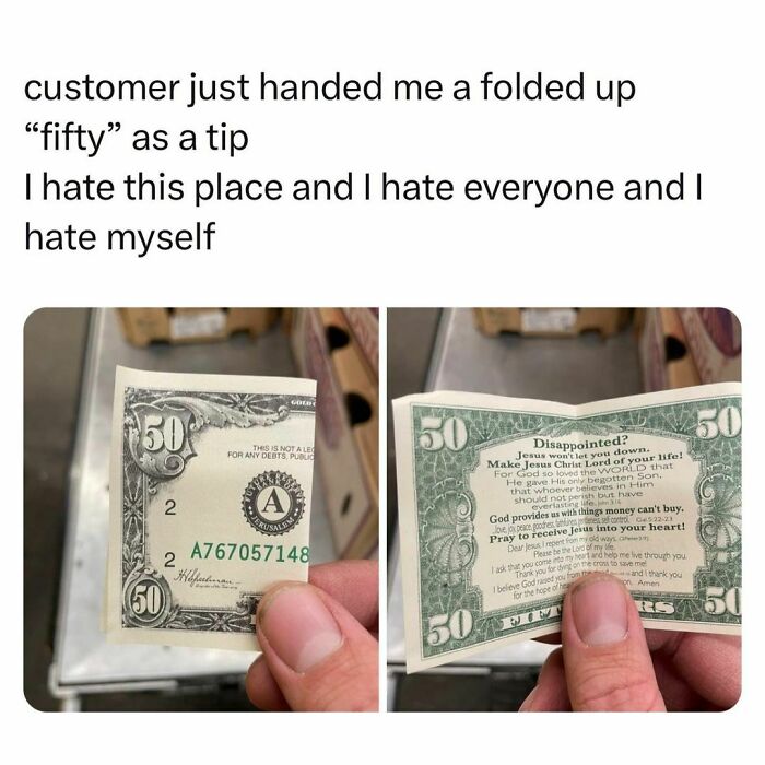 Folded up fifty dollar bill tip with religious message, highlighting students and young adults living the best and worst life.