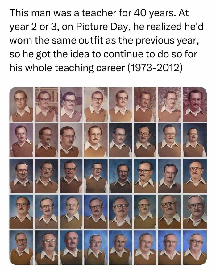 Teacher's picture day portraits over 40 years showing consistent outfit, illustrating students and young adults life contrasts.
