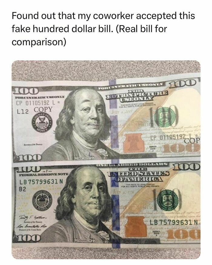 Fake and real hundred dollar bills compared in a humorous post highlighting students and young adults living the best and worst life.