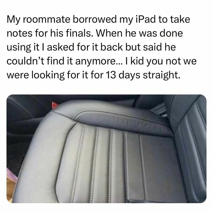 Student post about a lost iPad in a car seat, illustrating the chaotic life of students and young adults.