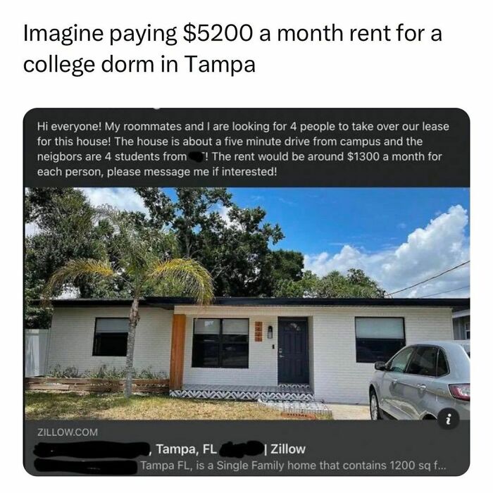 House for rent near campus with high monthly rent, illustrating student living challenges and young adult housing struggles.