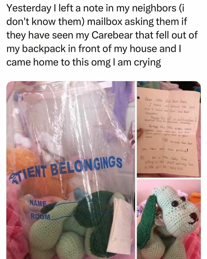Note exchange between neighbors over a lost Carebear toy showing student life moments of joy and challenges.