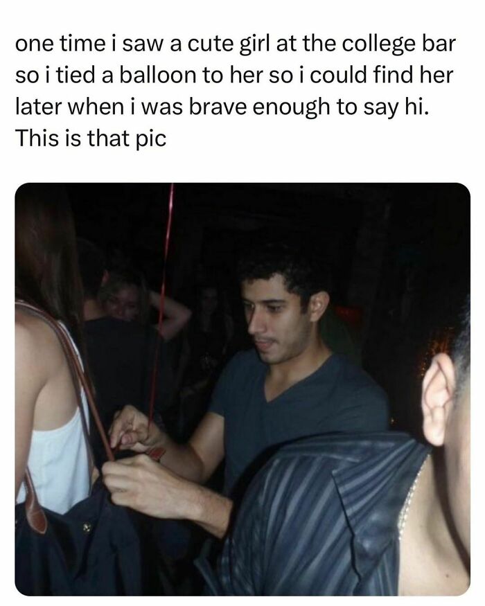 Student at a college bar tying a balloon to a girl’s bag to find her later, showing student life moments.