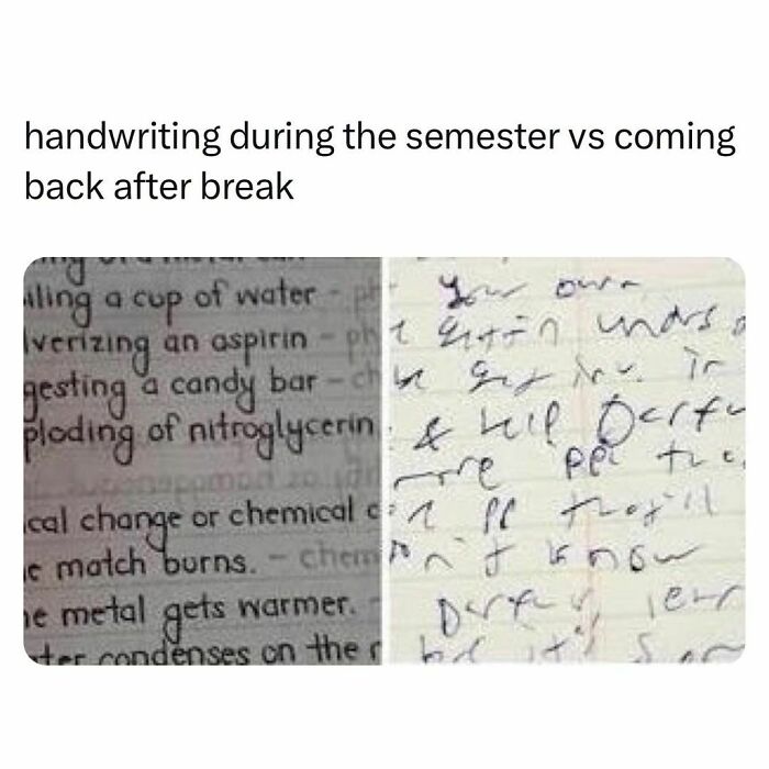 Comparison of student handwriting during semester and after break, showcasing the realities of students and young adults' lives.