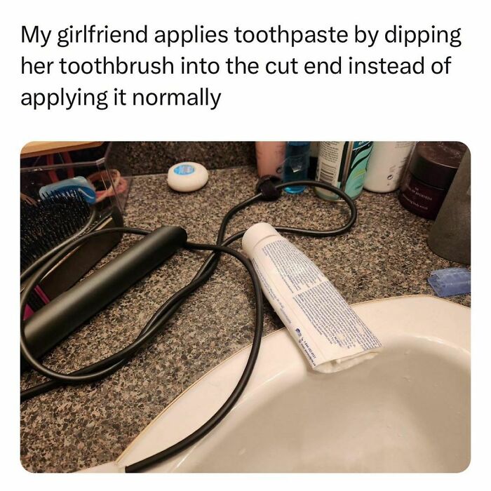 Students and young adults living the best and worst life with creative toothpaste application from the tube end in a bathroom setting.