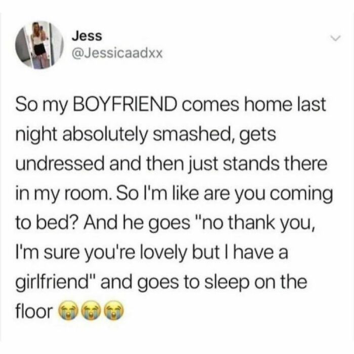 Screenshot of a student and young adult humor post about a boyfriend refusing to sleep in bed, showing best and worst life moments.