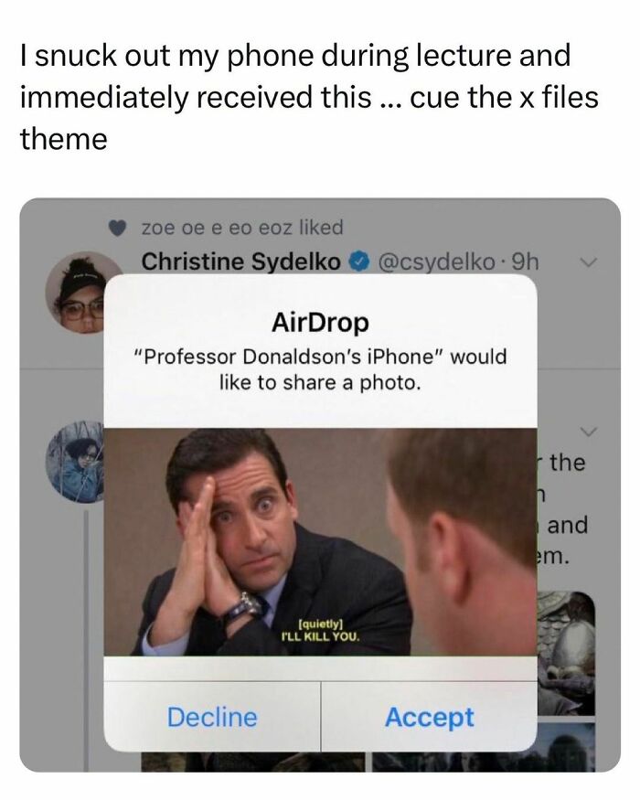Meme showing a student receiving a threatening AirDrop from professor, highlighting student and young adult life struggles.
