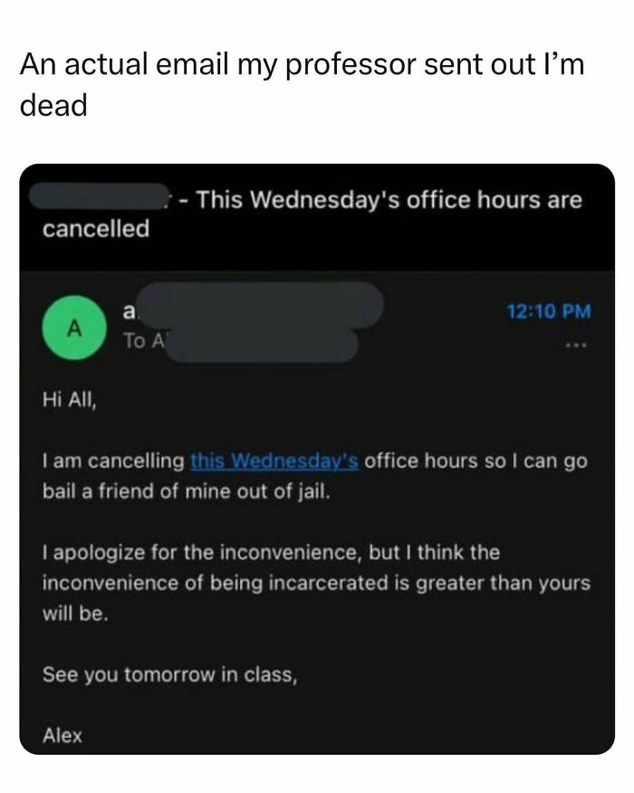 Screenshot of a professor’s email cancelling office hours, showing the humor and struggles of students and young adults.