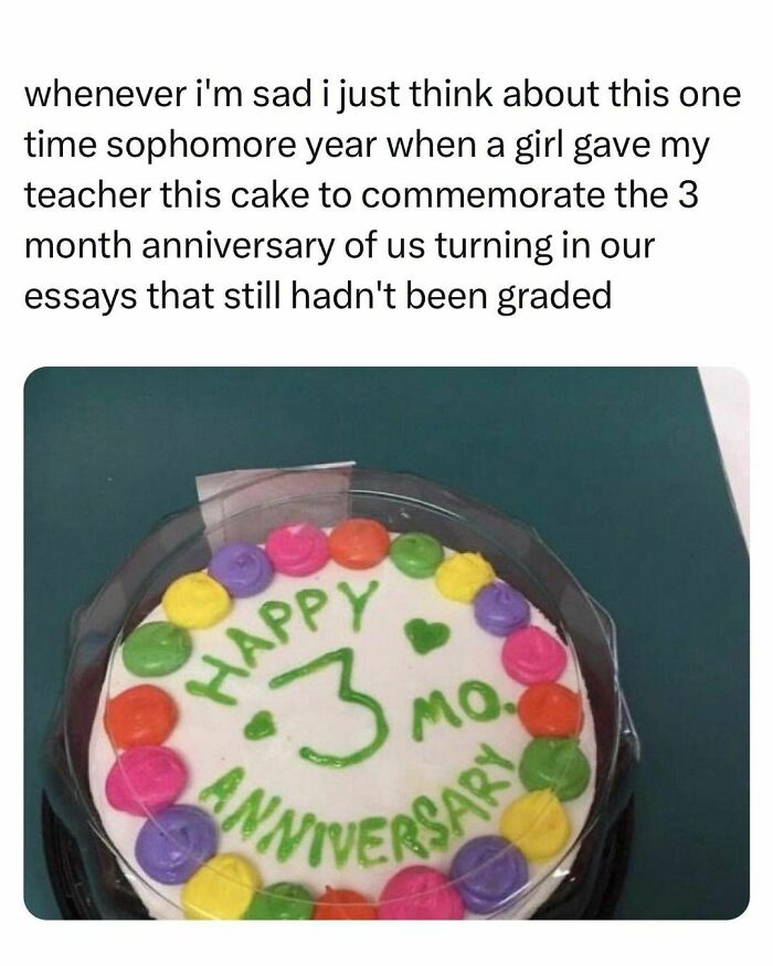 Colorful cake celebrating 3-month anniversary of ungraded essays, showing students and young adults living the best and worst life.
