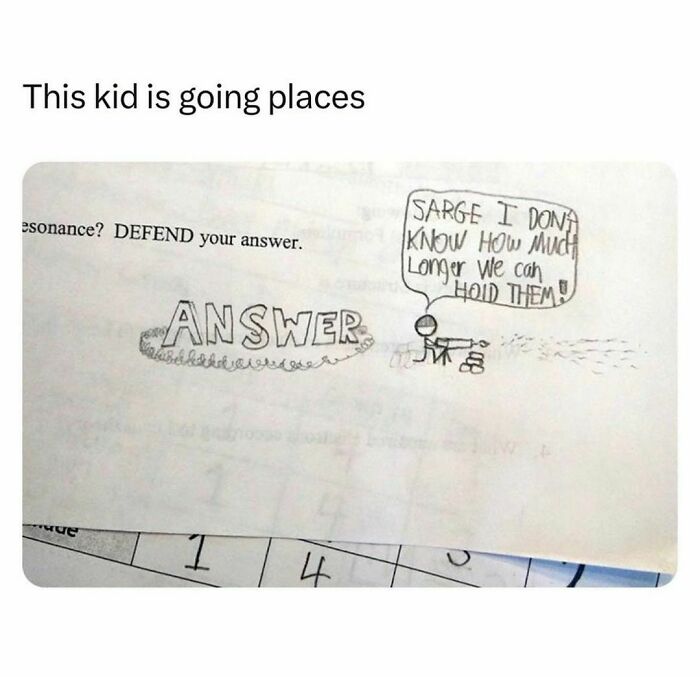 Funny student drawing defending the answer on a test paper, showing young adults living the best and worst life.