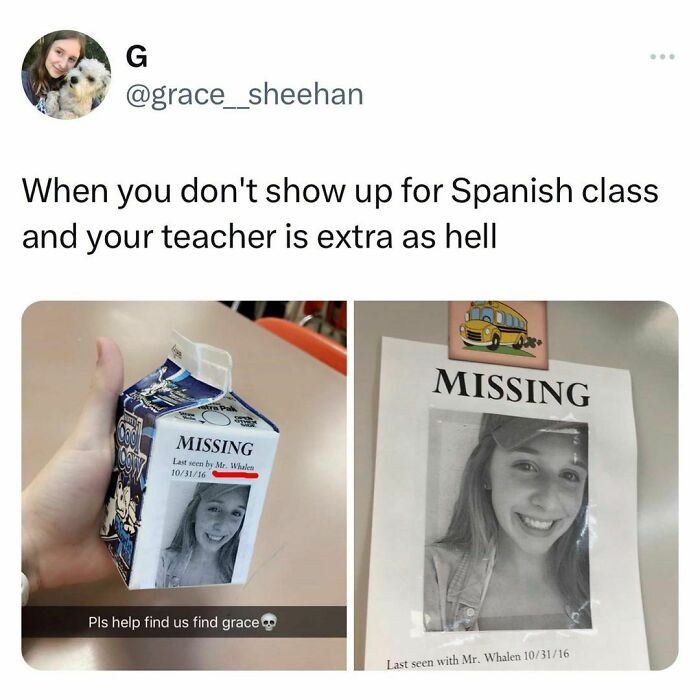 Funny missing person posters showing a student’s face on a milk carton and paper, highlighting student life and young adult humor.