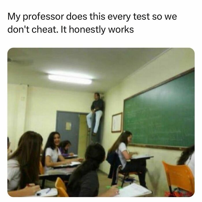 Students and young adults in a classroom with a professor perched high to prevent cheating during tests