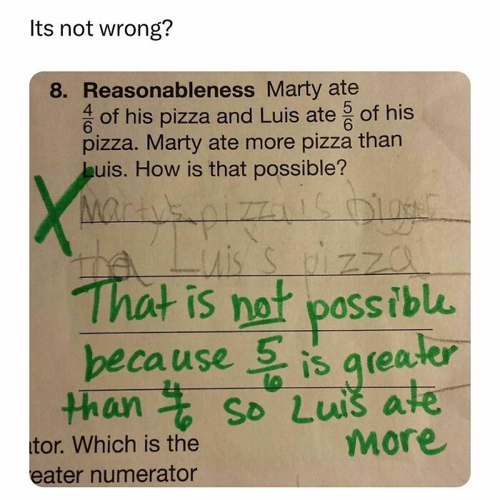 Math homework showing a student's reasoning about pizza fractions, highlighting the challenges students and young adults face.