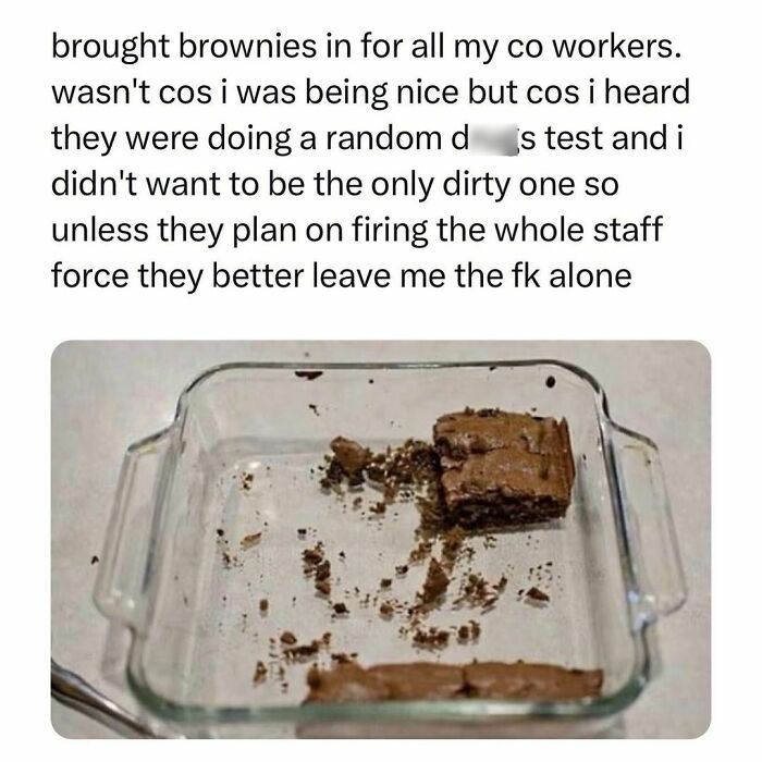 Partially eaten brownies in a glass dish with a humorous text about students and young adults navigating work life challenges.