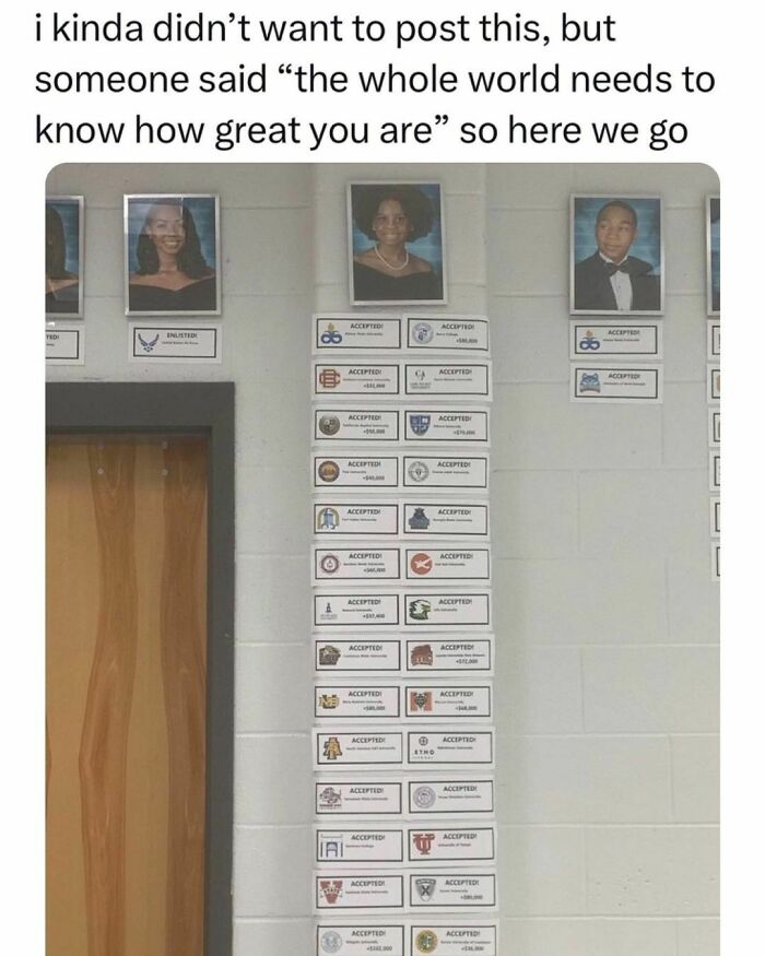 Wall display of student portraits with multiple college acceptance letters showcasing achievement and young adult success.