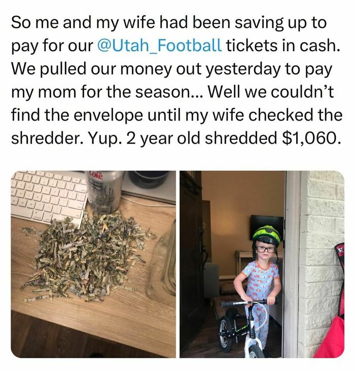 Shredded money on a desk next to a toddler with a bike, illustrating students and young adults living the best and worst life.