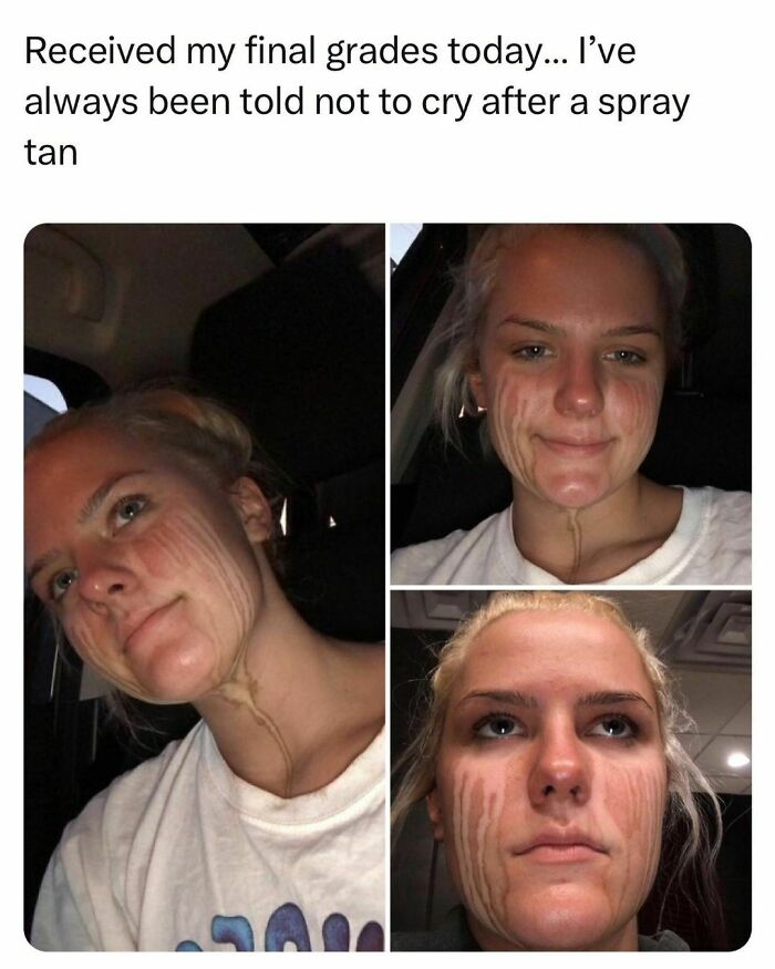 Student with streaks from crying after a spray tan, illustrating the ups and downs of student and young adult life.