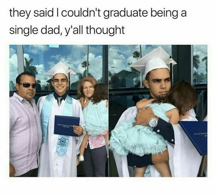 Graduate student and single dad wearing cap and gown, holding diploma and child, showing students and young adults life moments.