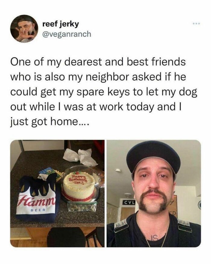 Tweet showing a humorous student and young adult life moment with a cake, beer, and a man with a unique mustache style.