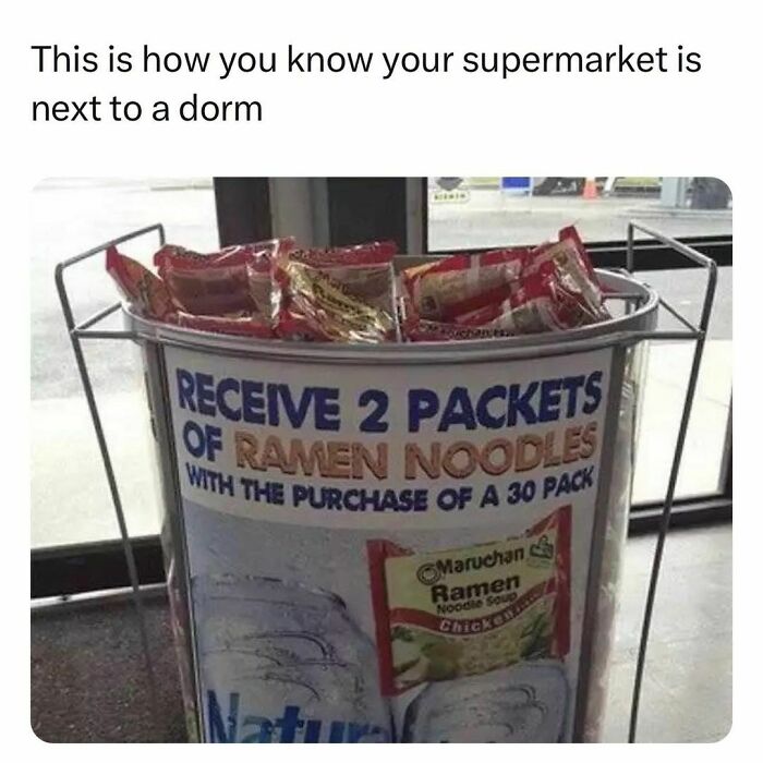 Promotional ramen noodle display shows student life humor, highlighting the best and worst moments for young adults near dorms.