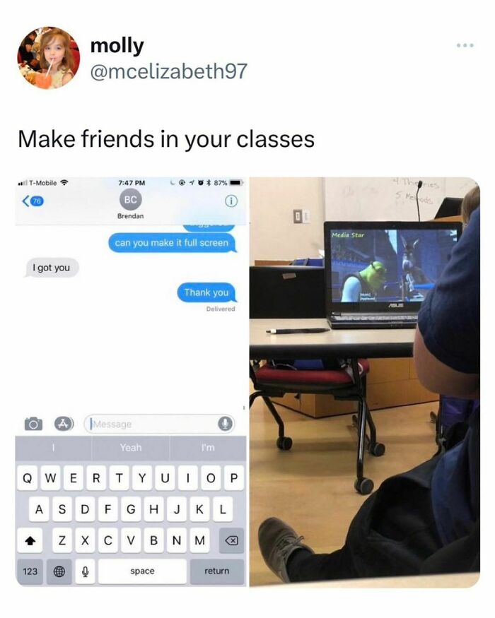 Text message exchange about making a video full screen paired with a student watching a movie in class.