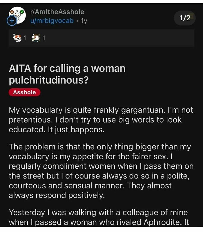 Screenshot of a social media post featuring a humorous obvious lie about using big vocabulary to compliment women.