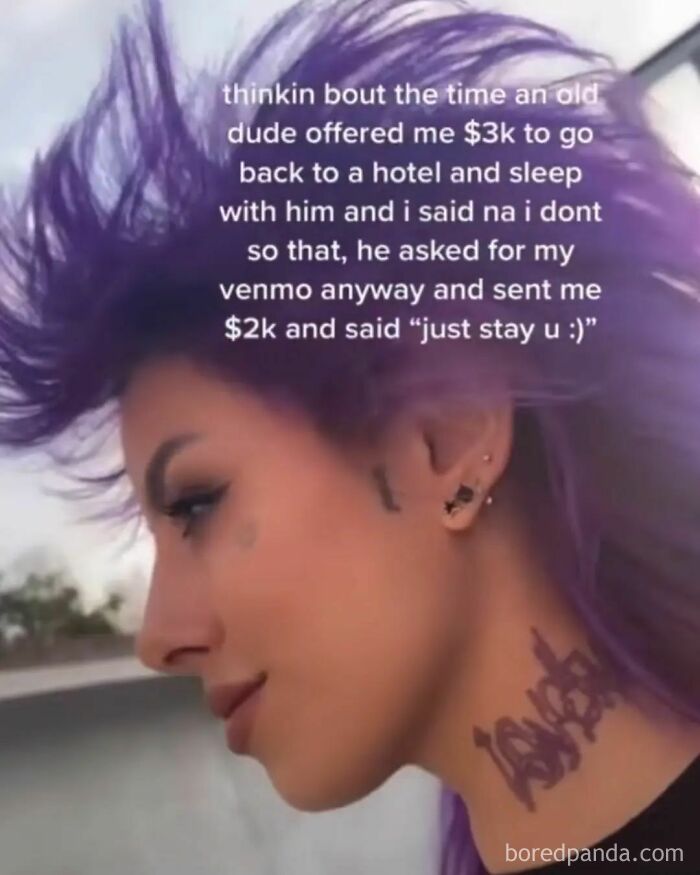 Young woman with purple hair and neck tattoo shares funny and obvious lies people tried to pass off as true meme.