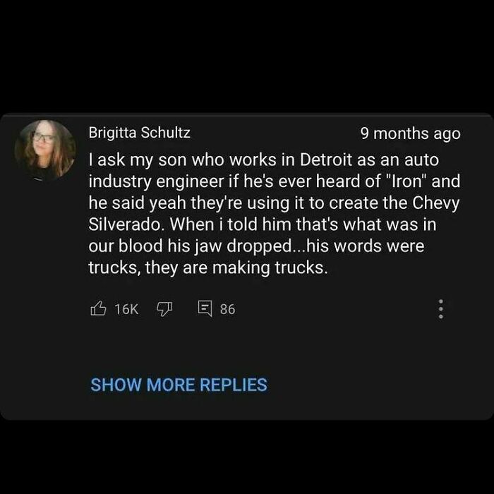 Screenshot of a social media comment sharing a hilariously obvious lie about iron and trucks in the auto industry.