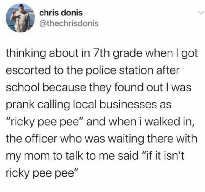 Text post about a prank call leading to police involvement, highlighting hilariously obvious lies people tried to pass off as true.