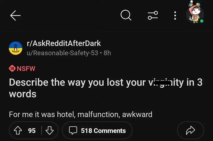 Reddit post from r/AskRedditAfterDark asks for three-word virginity stories, highlighting humorous comment.