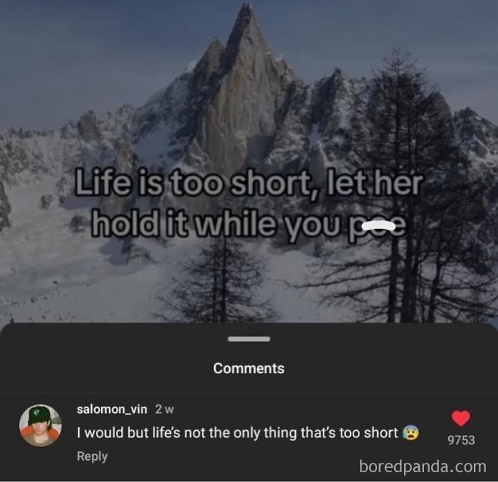 Epic comment screenshot with humorous reply on a post about life's brevity against a mountain backdrop.