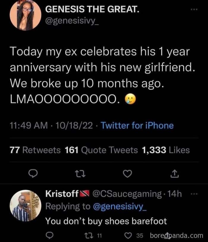 "Epic Comment God" tweet with witty reply about ex's anniversary timing.