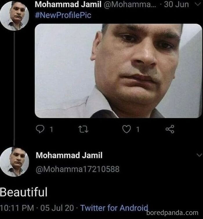 Close-up selfie with the caption "Beautiful" on Twitter, showcasing a humorous moment from user comments.