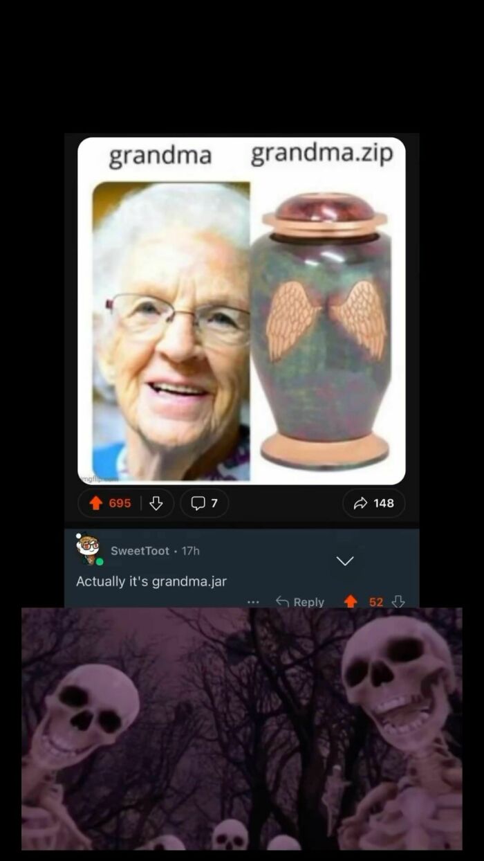 "Epic Comment God: Meme with grandma photo, urn labeled as zip, and humorous comment about a jar."