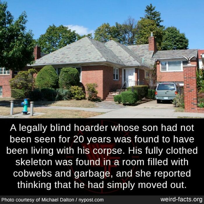 Weird facts: Brick house with overgrown shrubs, car in driveway, highlighting unexpected story of a hoarder living with a corpse.