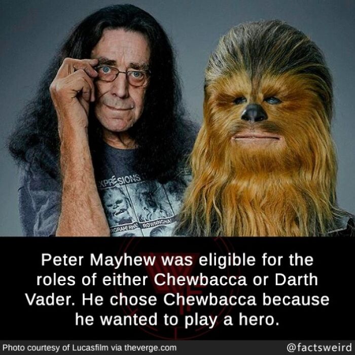 Man adjusting glasses beside Chewbacca costume; text reveals he chose to play a hero. Weird facts from movies.