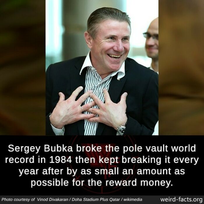 Man smiling, wearing a suit, highlighted in weird facts; related to pole vault record achievements.