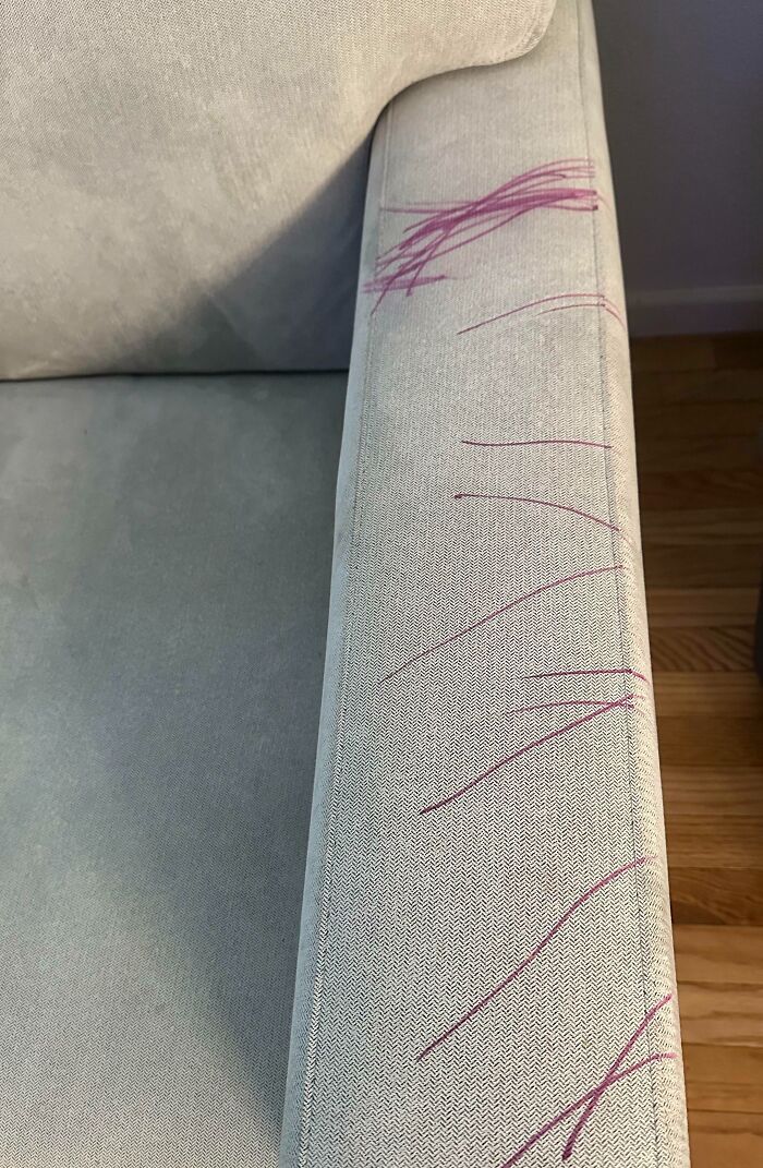 Changed The Baby’s Diaper And When I Was Done I Found Out My 2-Year-Old Son Had Found A Purple Permanent Marker And Did Artwork On My New Crate And Barrel Couch
