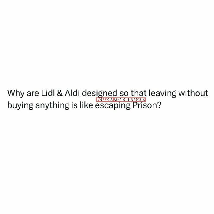 Text screenshot humor about adulting questioning why Lidl and Aldi are designed like escaping prison when leaving without buying anything.