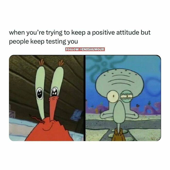 Cartoon characters expressing frustration and humor in relatable adulting moments with positive attitude challenges.